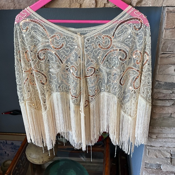 Vintage Bridal Lace Fringe Sequin Wedding Festival Wrap Cape Cream Gold OS - Picture 2 of 5